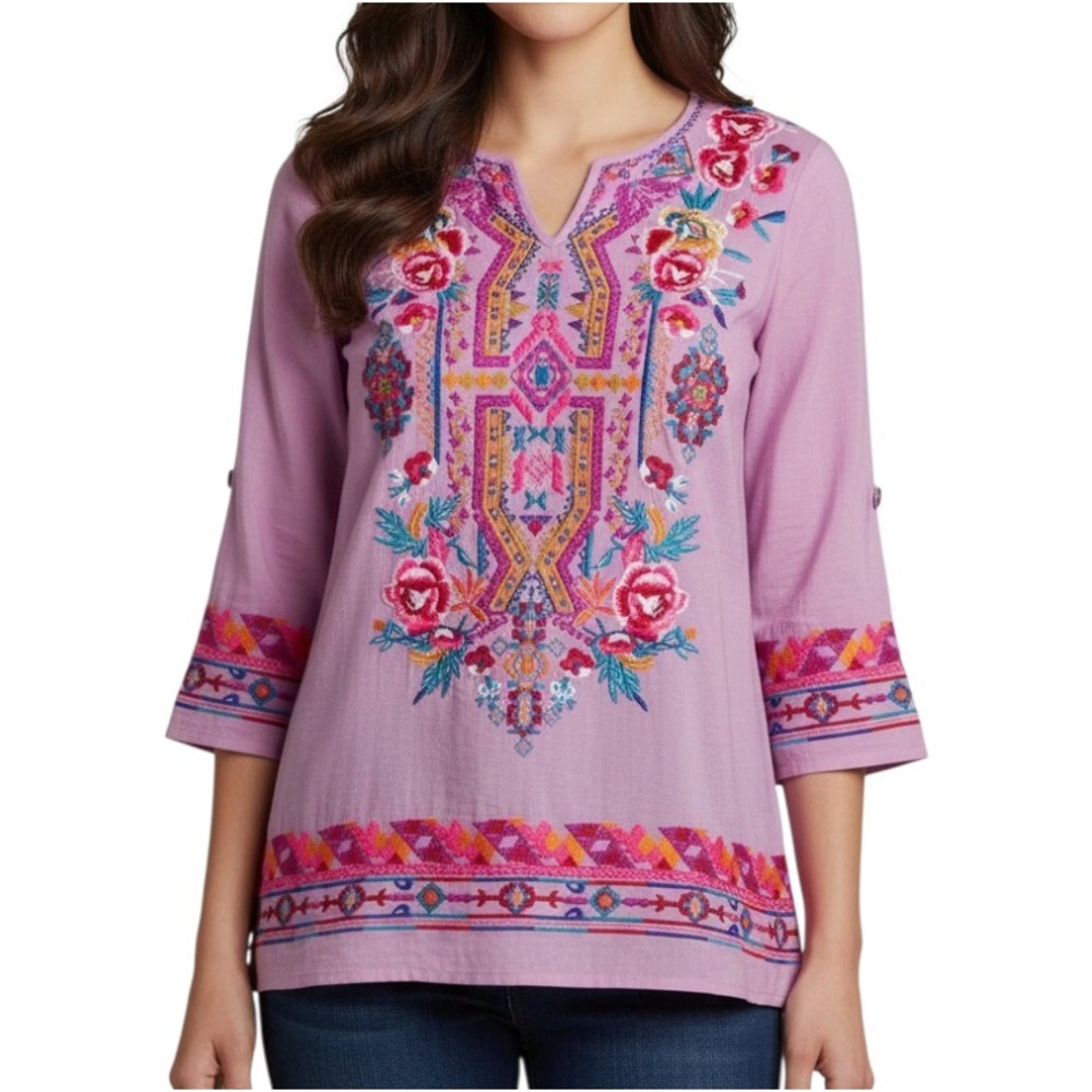 NWT Calessa Embroidered Tunic Top Blouse PINK/MULTI Floral Geo Pattern SZ L
